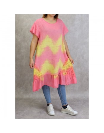 Robe été - Tunique longue et ample délavée de couleur rose et jaune (Coton et Lin - Grande taille pour femme) 
