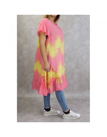 Robe été - Tunique longue et ample délavée de couleur rose et jaune (Coton et Lin - Grande taille pour femme) 