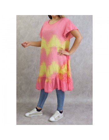 Robe été - Tunique longue et ample délavée de couleur rose et jaune (Coton et Lin - Grande taille pour femme) 
