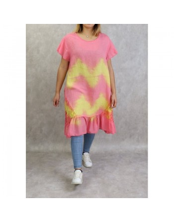 Robe été - Tunique longue et ample délavée de couleur rose et jaune (Coton et Lin - Grande taille pour femme) 