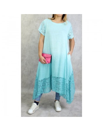 Tunique longue et ample de couleur bleu en dégradé (coton/lin - Grandes tailles pour femme) 