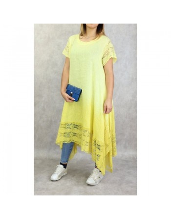 Robe d'été / Tunique longue et ample de couleur jaune en dégradé (coton/lin - Grandes tailles pour femmes) 