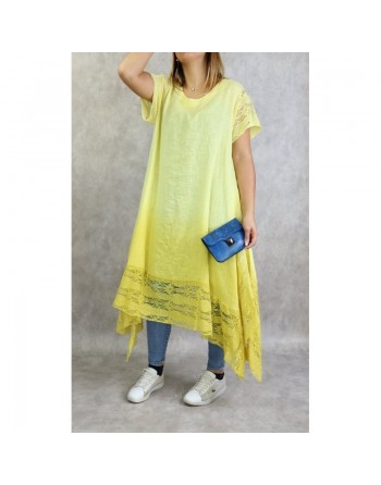 Robe d'été / Tunique longue et ample de couleur jaune en dégradé (coton/lin - Grandes tailles pour femmes) 