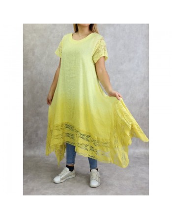 Robe d'été / Tunique longue et ample de couleur jaune en dégradé (coton/lin - Grandes tailles pour femmes) 