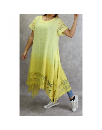Robe d'été / Tunique longue et ample de couleur jaune en dégradé (coton/lin - Grandes tailles pour femmes) 