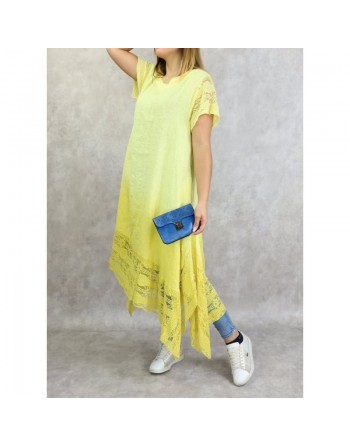 Robe d'été / Tunique longue et ample de couleur jaune en dégradé (coton/lin - Grandes tailles pour femmes) 