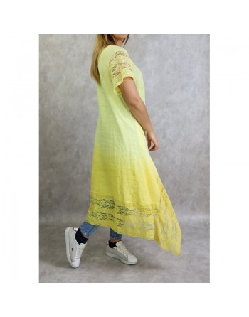 Robe d'été / Tunique longue et ample de couleur jaune en dégradé (coton/lin - Grandes tailles pour femmes) 