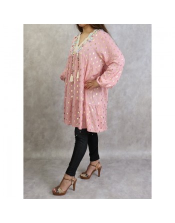 Tunique longue et ample (Grande taille) de couleur noire avec motifs dorés broderies et pompons (100% coton) 