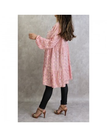 Tunique longue et ample (Grande taille) de couleur noire avec motifs dorés broderies et pompons (100% coton) 