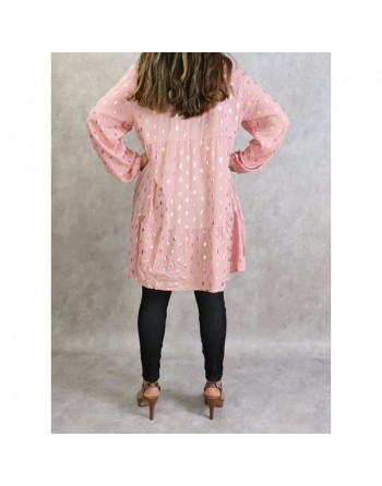 Tunique longue et ample (Grande taille) de couleur noire avec motifs dorés broderies et pompons (100% coton) 