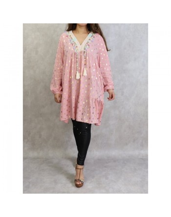 Tunique longue et ample (Grande taille) de couleur noire avec motifs dorés broderies et pompons (100% coton) 
