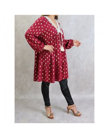 Tunique longue et ample (Grande taille) de couleur noire avec motifs dorés broderies et pompons (100% coton) 