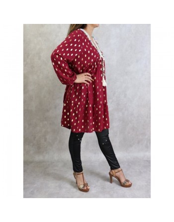 Tunique longue et ample (Grande taille) de couleur noire avec motifs dorés broderies et pompons (100% coton) 