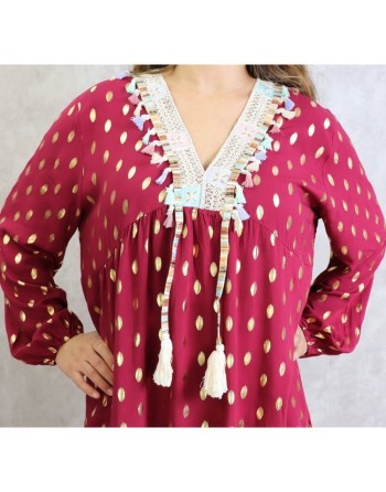 Tunique longue et ample (Grande taille) de couleur noire avec motifs dorés broderies et pompons (100% coton) 