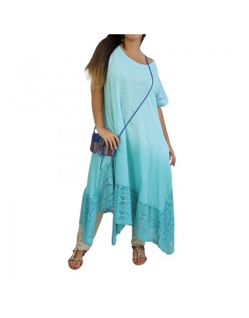 Robe camaïeu de bleu demi-manches avec finition en dentelle (Grande taille en coton/lin) 