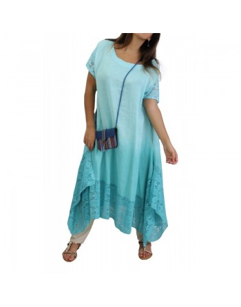 Robe camaïeu de bleu demi-manches avec finition en dentelle (Grande taille en coton/lin) 