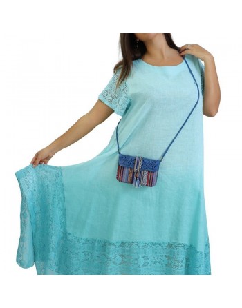 Robe camaïeu de bleu demi-manches avec finition en dentelle (Grande taille en coton/lin) 