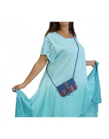 Robe camaïeu de bleu demi-manches avec finition en dentelle (Grande taille en coton/lin) 
