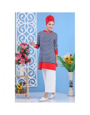 Tunique décontractée à capuche pour femme - Couleur blanche, bleu marine et rouge 