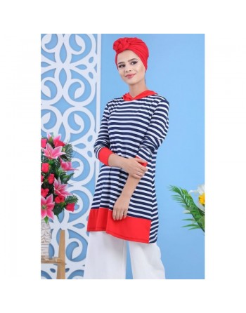 Tunique décontractée à capuche pour femme - Couleur blanche, bleu marine et rouge 