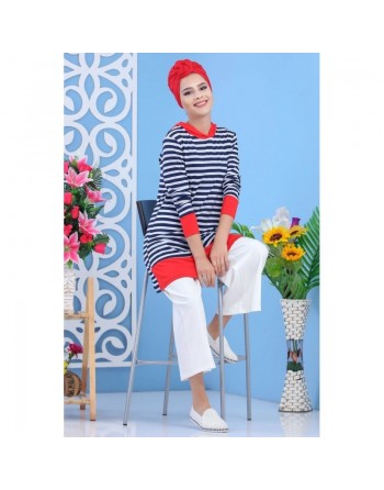 Tunique décontractée à capuche pour femme - Couleur blanche, bleu marine et rouge 