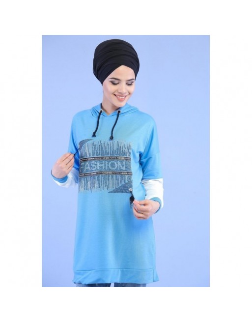 Sweat-shirt à strass inscription "Fashion" avec capuche pour femme - Couleur bleu clair Sweat-shirt à strass inscription "Fashion" avec capuche pour femme - Couleur bleu clair