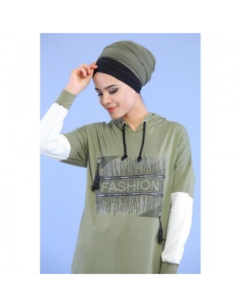 Sweat-shirt à strass inscription "Fashion" avec capuche pour femme - Couleur bleu clair 