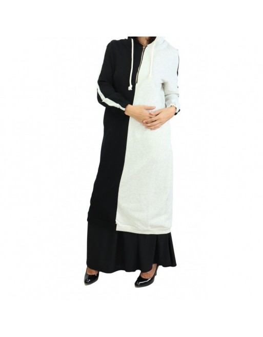 Tunique longue en coton type sportswear avec capuche - Couleur Noire et Blanc cassé 