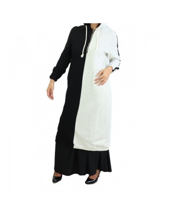 Tunique longue en coton type sportswear avec capuche - Couleur Noire et Blanc cassé 