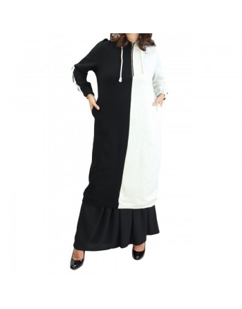 Tunique longue en coton type sportswear avec capuche - Couleur Noire et Blanc cassé 