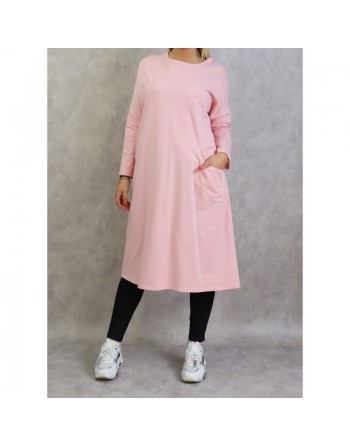 Tunique longue pour femme de type Sportswear en coton avec une grande poche de couleur rose 