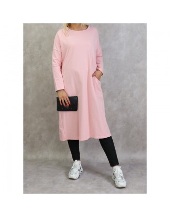 Tunique longue pour femme de type Sportswear en coton avec une grande poche de couleur rose 