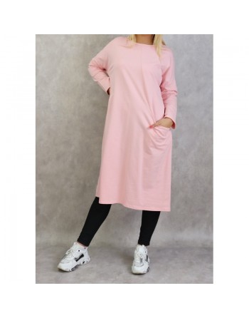 Tunique longue pour femme de type Sportswear en coton avec une grande poche de couleur rose 
