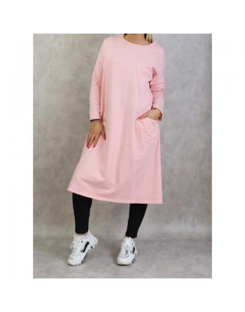 Tunique longue pour femme de type Sportswear en coton avec une grande poche de couleur rose 