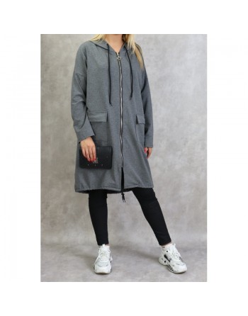 Sweat long zippé style sportswear pour femme - Couleur gris chiné 