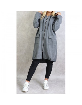 Sweat long zippé style sportswear pour femme - Couleur gris chiné 