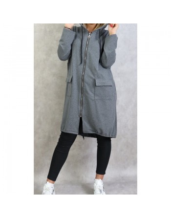 Sweat long zippé style sportswear pour femme - Couleur gris chiné 