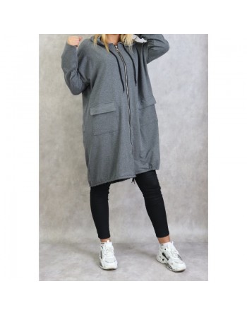 Sweat long zippé style sportswear pour femme - Couleur gris chiné 