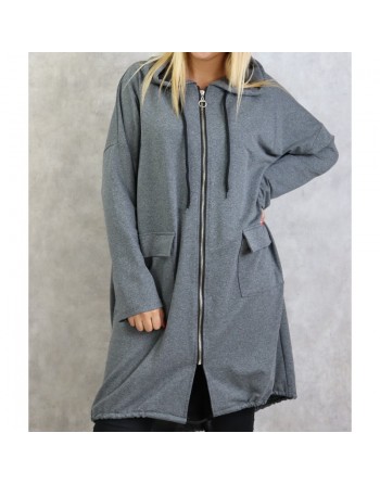 Sweat long zippé style sportswear pour femme - Couleur gris chiné 