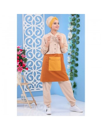 Ensemble original deux pièces à Multi-poches pour femme - Couleur Beige/ Moutarde/ Jaune 