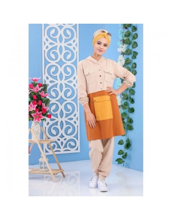 Ensemble original deux pièces à Multi-poches pour femme - Couleur Beige/ Moutarde/ Jaune 