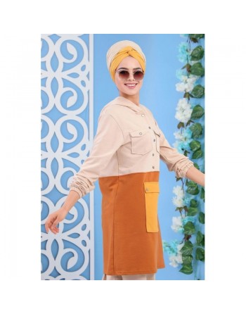 Ensemble original deux pièces à Multi-poches pour femme - Couleur Beige/ Moutarde/ Jaune 