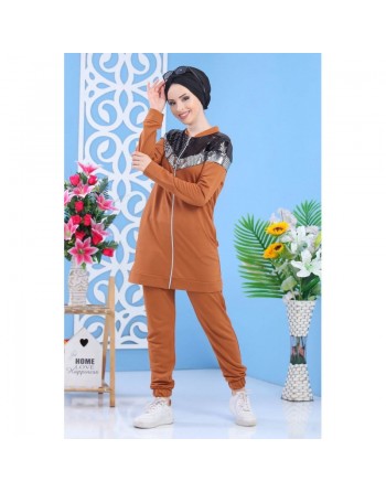 Ensemble en coton marron avec effet écailles brillantes argentées et noires - Tenue de sport moderne pour femme 