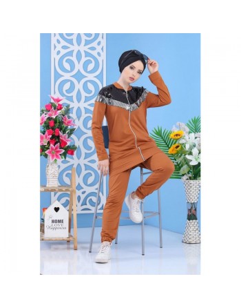 Ensemble en coton marron avec effet écailles brillantes argentées et noires - Tenue de sport moderne pour femme 
