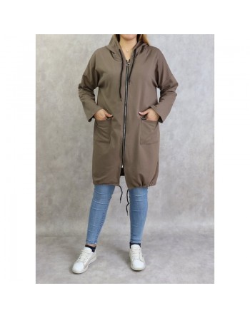 Sweat long zippé sportswear pour femme - Couleur taupe foncé 