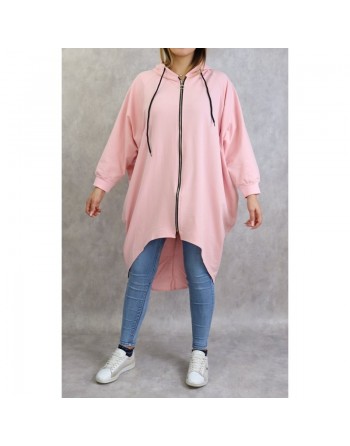 Veste longue sportswear avec capuche de couleur rose 