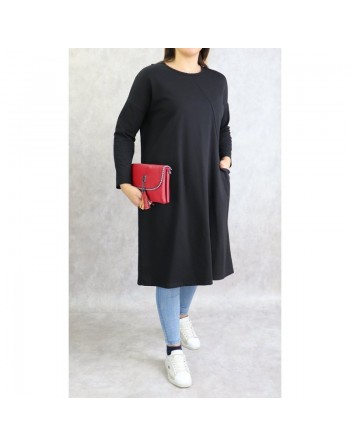 Tunique longue pour femme de type Sportswear en coton avec une grande poche de couleur noir 