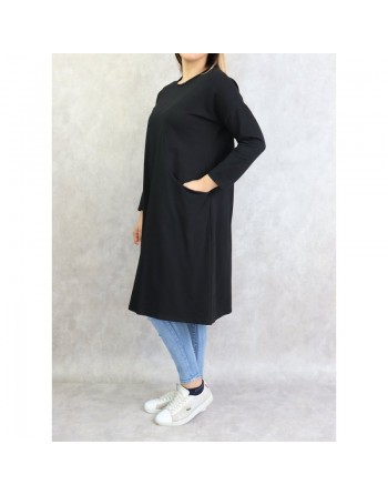 Tunique longue pour femme de type Sportswear en coton avec une grande poche de couleur noir 