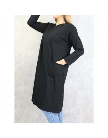 Tunique longue pour femme de type Sportswear en coton avec une grande poche de couleur noir 