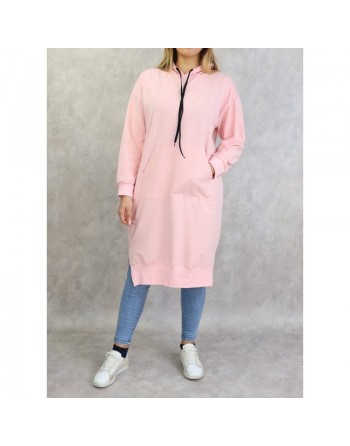 Sweat long à capuche - Sweatshirt femme en coton - Couleur rose 